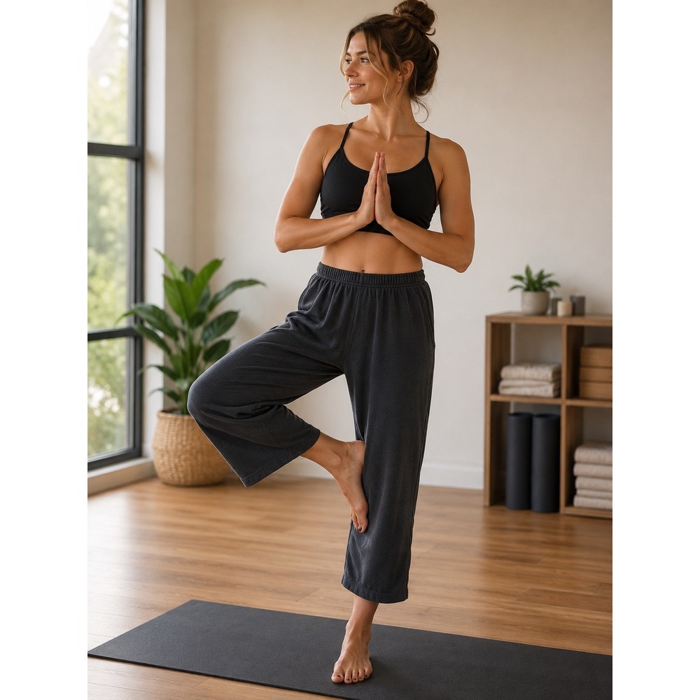 Unbranded‎ Black Fleece Crop Lounge Pants Elastic Waist Relaxed Joggers Womens